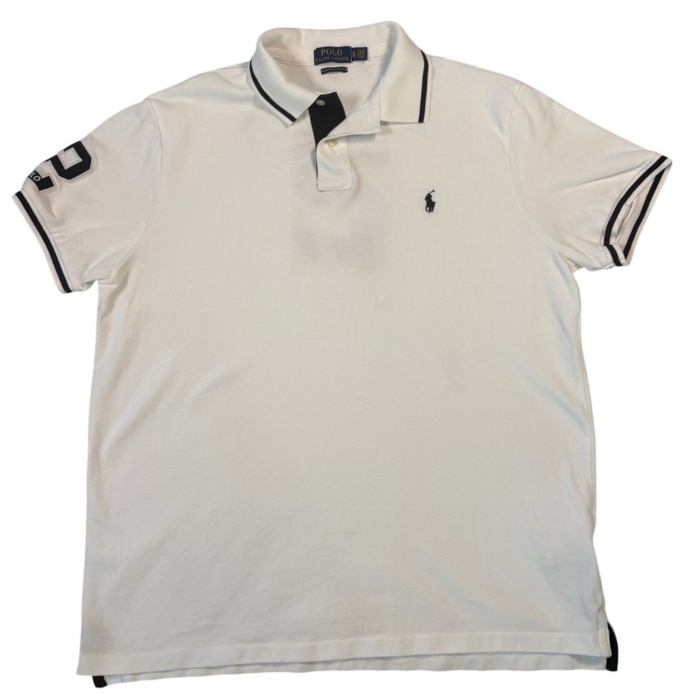 Polo Ralph Lauren Mens XL Custom Slim Fit Pony 2 Polo Shirt White Navy